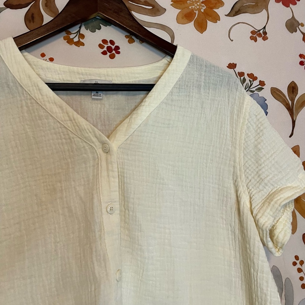 L.L. Bean Signature Women M Ivory Cream Gauze Cotton Front Knot Boxy Loose Top